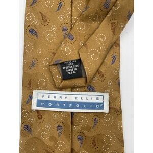 Perry Ellis Portfolio Gold Blue Silk‎ Mens Necktie Tie Made USA Vtg Retro